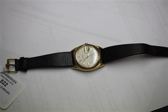 A gentlemans 1950s/1960s 18ct gold Rolex Oyster Perpetual wrist watch, lacking winding crown.